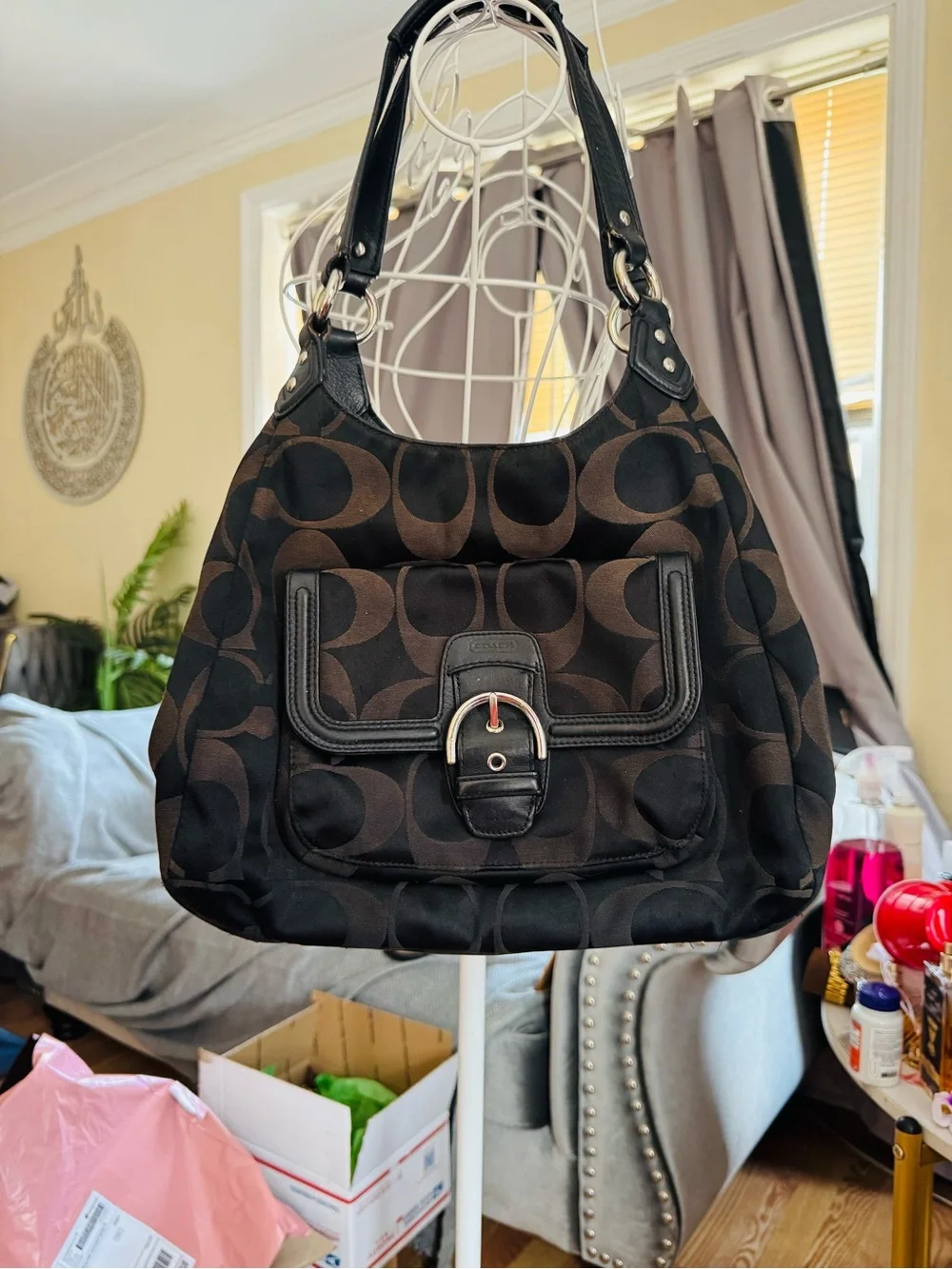 Coach Brown and Black Signature Canvas Shoulder Bag
